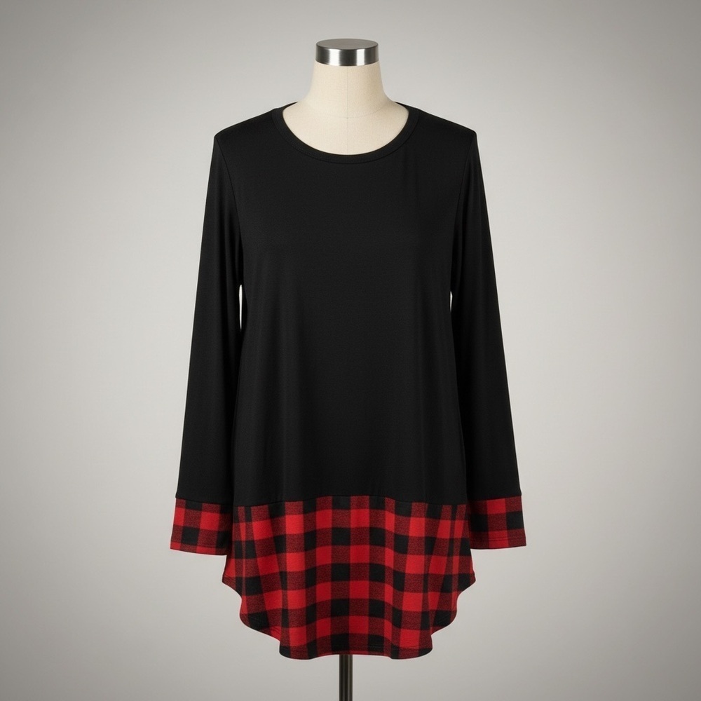 Color Bear Buffalo Plaid Hem Tunic Top Small Black Red Long Sleeve Soft Stretch